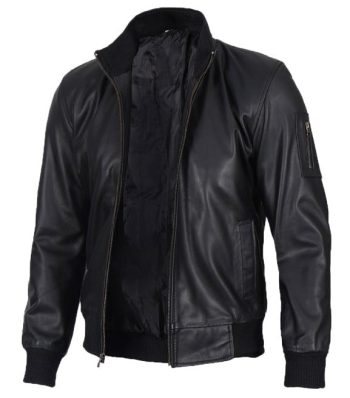Men's Black Leather Bomber Jacket