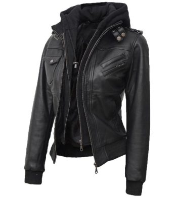 Women's Black Leather Bomber Jacket
