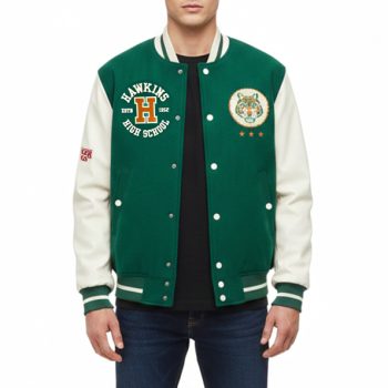 Stranger Things Hawkins Stadium Green and White Varsity Jacket